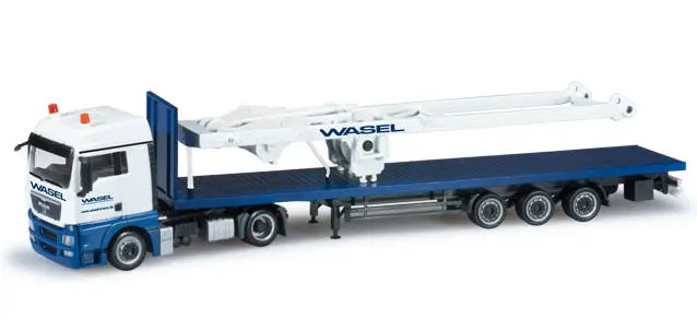 303071 MAN TGX XLX Lowliner Flachbett Sattelzug mit SA Bock "Wasel Krane" Herpa