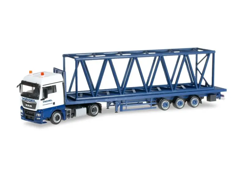 304689 MAN TGX XLX Euro 6 Lowliner-Flachbettzug mit Derrick Gittermast 12m "Wasel Krane" Herpa