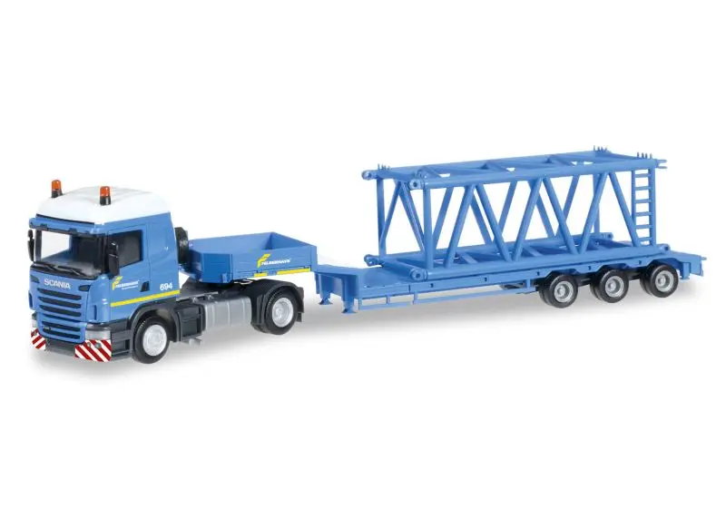 305211 Scania R Semitieflade-Sattelzug mit Derrick Gittermast 6 m und zwei Ballastgewichten "Felbermayr" (A) Herpa